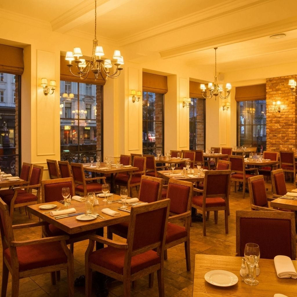 Restaurant Interior with Warm Lighting and Wooden Seating